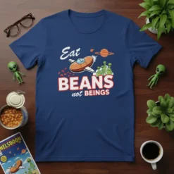 Navy blue t-shirt with "Eat BEANS not BEINGS" slogan, featuring a cartoon spaceship dropping beans and a group of aliens