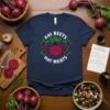 Eat Beets Not Meats t-shirt with graphic of beet in a circle of leaves, white text
