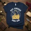 Eat Cheese And Sin quote with a cartoon rat king on a cheese wedge, dark humor graphic tee