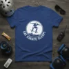 Eat Eskate Sleep! text with a skateboarder graphic in a circular emblem on a blue t-shirt