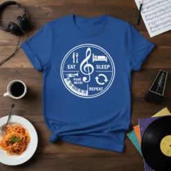 Eat Make Music Sleep Repeat T-Shirt design featuring a circular graphic with musical notes, keyboard, trumpet, bed, and fork and