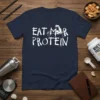 Eat Mr Protein T-Shirt with graphic of bicep flexing and barbell, white text on navy blue shirt