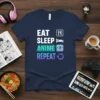 Eat Sleep Anime Repeat t-shirt design with icons for food, sleep, eye for anime, and repeat loop