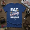 Eat Sleep Bachata Repeat T-Shirt with dancing couple graphic and food icons