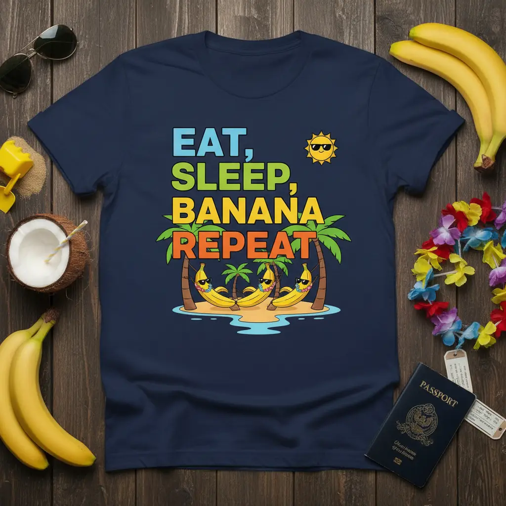 Eat Sleep Banana Repeat phrase in bold, colorful text with a tropical island scene and cartoon bananas