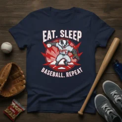 Baseball t-shirt with EAT SLEEP BASEBALL REPEAT text and a badger player graphic