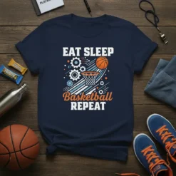 Navy t-shirt with "Eat Sleep Basketball Repeat" text, basketball hoop, and ball graphic
