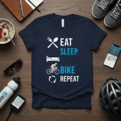 Eat Sleep Bike Repeat cycling t-shirt design with fork and spoon, bed, bicycle, and refresh icons