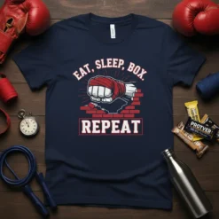 Eat Sleep Box Repeat boxing quote t-shirt with a fist breaking through a brick wall graphic