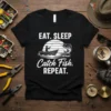 Eat Sleep Catch Fish Repeat t-shirt design with a fisherman in a boat and a leaping fish