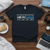 Eat Sleep Code Game t-shirt with icons for food, sleep, coding, and gaming in white and blue on black fabric