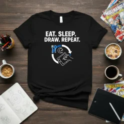 Eat Sleep Draw Repeat quote on a black t-shirt with illustration of fork, spoon, moon, and tablet