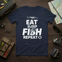 Eat Sleep Fish Repeat t-shirt design with white text and a fish graphic, featuring a fishing lure above the text