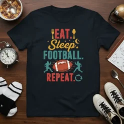 Eat Sleep Football Repeat text design with football graphic on a navy t-shirt