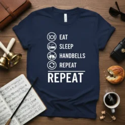 Eat Sleep Handbells Repeat T-Shirt with icons for eating, sleeping, handbells, and repeating. Navy blue tee
