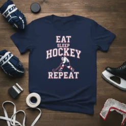 Navy blue t-shirt with "Eat Sleep Hockey Repeat" text and a hockey player graphic