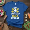 Eat Sleep Hula Repeat text design with a white hula dancer graphic and yellow monstera leaves