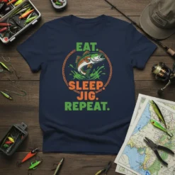 Eat Sleep Jig Repeat fishing t-shirt with a jumping bass graphic and circular rope design