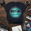 Eat Sleep Make Beats Repeat text design with icons for eating, sleeping, making beats, and repeating on a navy t-shirt