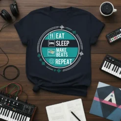 Eat Sleep Make Beats Repeat text design with icons for eating, sleeping, making beats, and repeating on a navy t-shirt