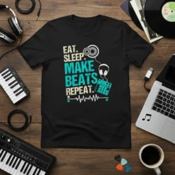 Eat Sleep Make Beats Repeat t-shirt design featuring music production icons like headphones and a beat pad