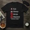 Eat Sleep Ninja Repeat t-shirt with icons for each activity and NINJA HUB text below