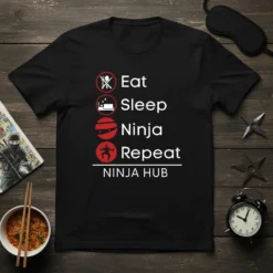 Eat Sleep Ninja Repeat t-shirt with icons for each activity and NINJA HUB text below