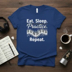Eat Sleep Practice Repeat text with a piano keyboard graphic and musical notes on a navy blue t-shirt