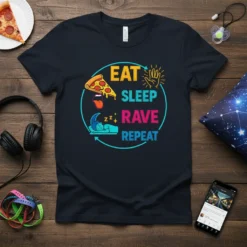 EAT SLEEP RAVE REPEAT text graphic with pizza, sleeping person, and hand icons on a navy blue t-shirt
