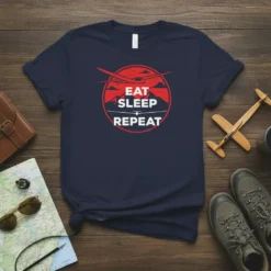 Navy t-shirt with "Eat Sleep Repeat" text and airplane graphic in a circular design, featuring mountains and a plane