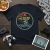 Eat Sleep Repeat t-shirt design with a retro robot, cutlery, bed icon, and refresh symbol