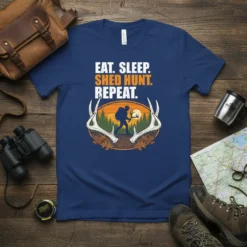 Eat Sleep Shed Hunt Repeat text with a graphic of a hunter and deer antlers on a blue t-shirt