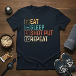 Eat Sleep Shot Put Repeat t-shirt with retro typography and sports icons for track and field athletes