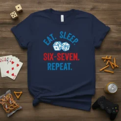 Eat Sleep Six Seven Repeat dice game t-shirt design with bold typography and dice graphics