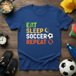 EAT SLEEP SOCCER REPEAT text with soccer ball and moon graphic on a blue t-shirt