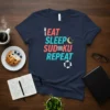Eat Sleep Sudoku Repeat t-shirt design with colorful text and icons for puzzle lovers