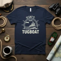 Navy t-shirt with "Eat Sleep Tugboat" text, a ship wheel graphic, and a tugboat illustration