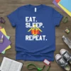 Eat Sleep VBS Repeat t-shirt in white text with a yellow cross and red VBS logo, perfect for Vacation Bible