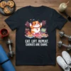 Funny "Eat. Lift. Repeat. Cookies Are Gains." t-shirt design featuring a hamster lifting weights amidst cookies