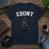 Ebony Strength T-Shirt design featuring the word EBONY in bold varsity letters above a silhouette of a person standing on