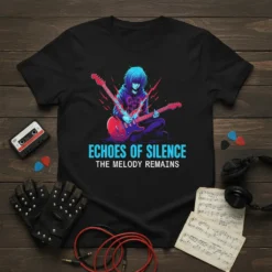 Anime style guitarist playing electric guitar with text "Echoes of Silence The Melody Remains" on black t-shirt