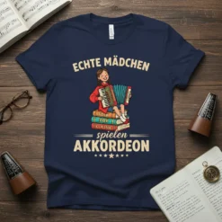 T-shirt with "Echte Mädchen Spielen Akkordeon" text and a cartoon girl playing an accordion, sitting on books