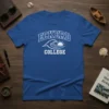 Blue Eckerd College t-shirt with wave and sun graphic, featuring classic collegiate text