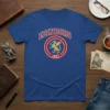 Blue t-shirt with "EDINBORO 1857" arched above a circular emblem featuring a gold dragon and the year 1857