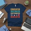 Educated Vaccinated Caffeinated Dedicated text with medical icons on a navy t-shirt, ideal for nurses