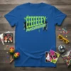 EEEEEEEY MACARENA! text in bright green with dancing silhouettes on a royal blue t-shirt, retro 90s dance theme