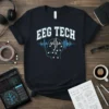 EEG Tech t-shirt design featuring "EEG TECH" text above a stylized human head with brainwaves and neural connections