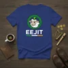 EEJIT t-shirt design with a cartoon sheep wearing a green top hat, framed by a Celtic knot, and the word