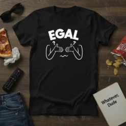 Black t-shirt with white text "Egal" and a line drawing of arms shrugging with question marks above them