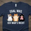 Egal Was Ich War's Nicht German phrase with three cartoon cats graphic on a navy blue t-shirt
